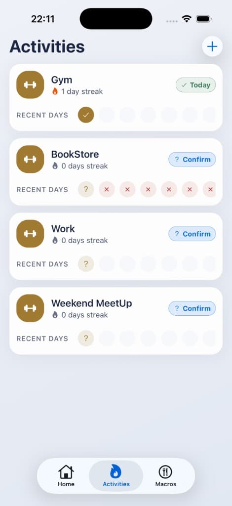 StreakSpot Activities screen with streaks and check-ins
